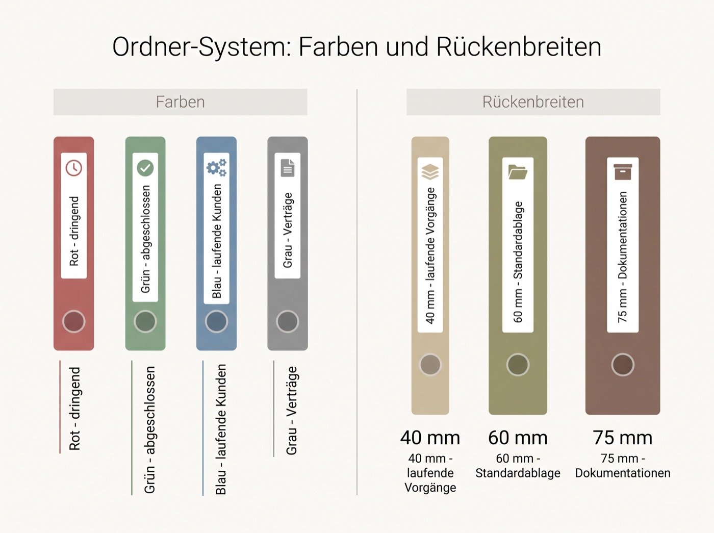 Infografik: Ordner-System mit Farbcodierung und Rückenbreiten