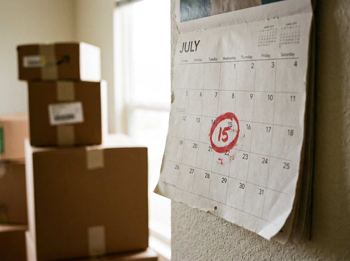 Wandkalender mit rot markiertem Umzugstag im Sommer, daneben Umzugskartons