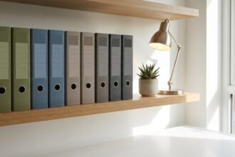 Aufgeräumtes Büroregal mit farblich sortierten A4-Ordnern