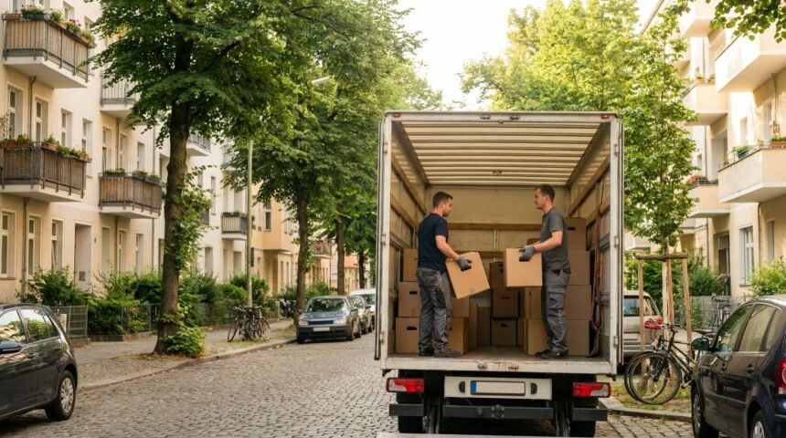 Umzugshelfer laden Kartons in einen Umzugswagen an einem sonnigen Sommertag